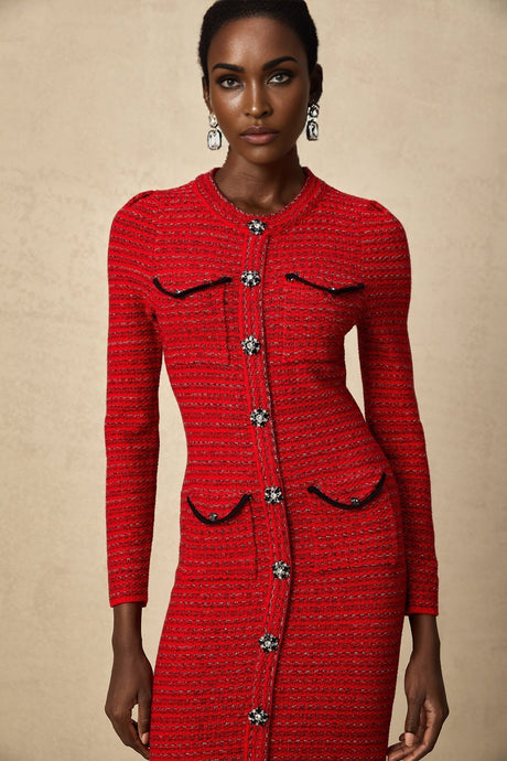 A red knitted midi dress with embellishments named Faustine