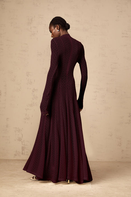 A red lace maxi dress with a wavy pattern covering the entire garment featuring a long flowing skirt and feminine silhouette