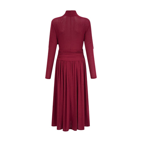 A red midi dress with ruched details and a flap design named Camille