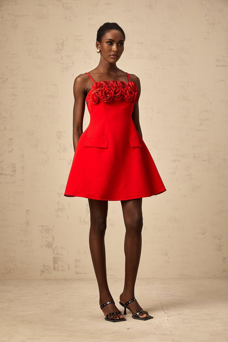 A red mini dress with a flared skirt featuring rose appliqués and a fitted bodice