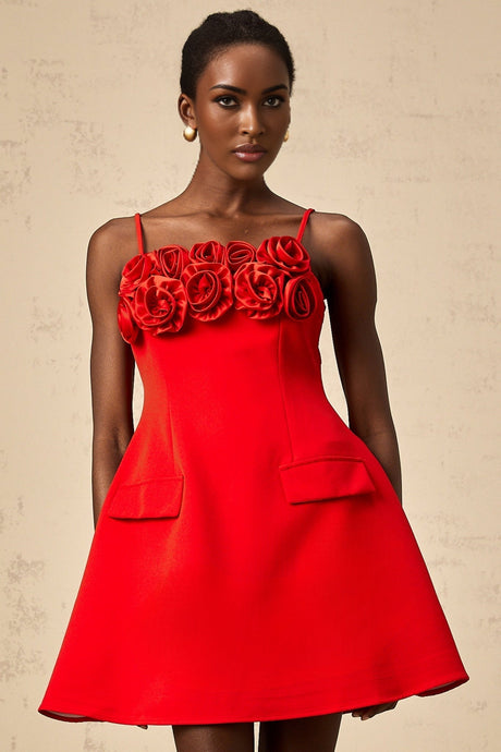 A red mini dress with a flared skirt featuring rose appliqués short sleeves and a fitted bodice