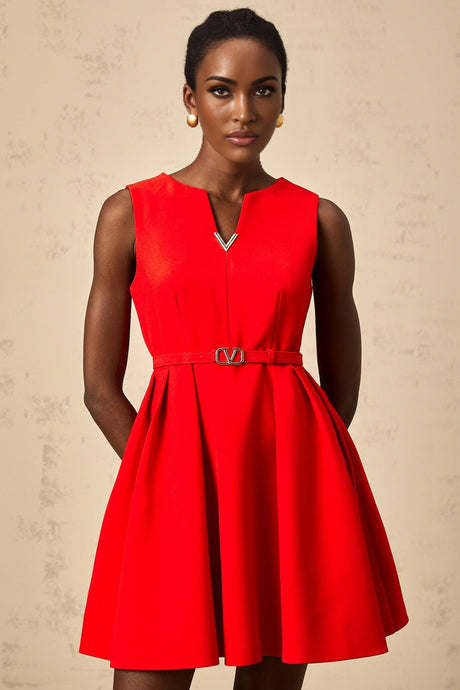 A red mini dress with a split neckline and cinched waist featuring a flowy skirt and short sleeves