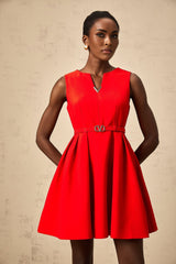 A red mini dress with a split neckline and cinched waist featuring a style called Quiana