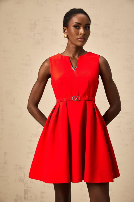 A red mini dress with a split neckline and cinched waist featuring a style called Quiana