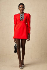 A red mini dress with a split skirt featuring a studded bow detail