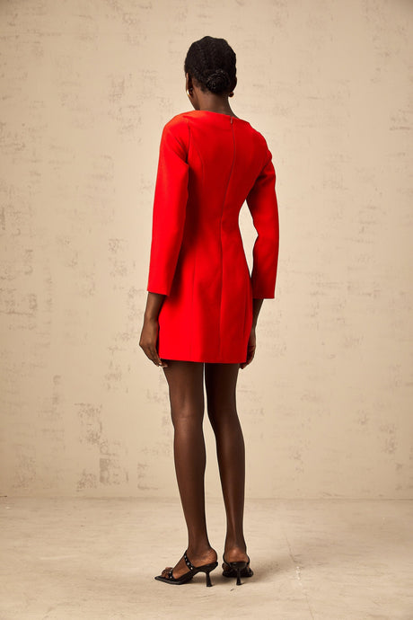 A red mini dress with long sleeves and a bowknot detail named Magali