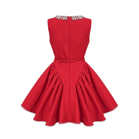 A red mini dress with pleated details and embellishments named Leonie