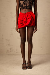 A red mini skirt with floral applique details and boning for structure