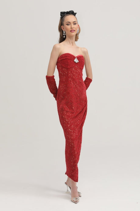 A red ornate midi dress named Belle with matching gloves