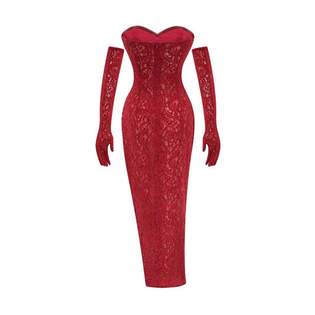 A red ornate midi dress named Belle with matching gloves