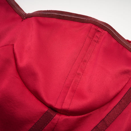 A red ornate midi dress named Belle with matching gloves