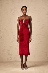 A red velvet midi dress with gathered details named Tiphaine