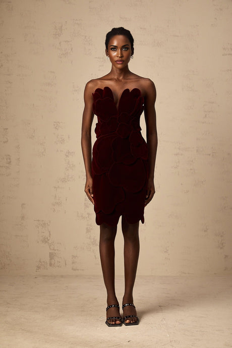 A red velvet mini dress with floral applique detailing by Maiwenn