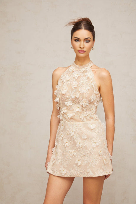 A short beige lace mini dress with delicate floral appliqués adorning the fabric featuring a feminine silhouette and neutral tones