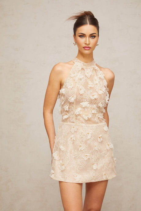 A short beige mini dress with delicate lace fabric featuring floral appliques in neutral tones