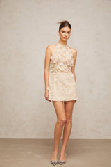 A short beige mini dress with floral lace overlay and delicate flower appliques in neutral tones