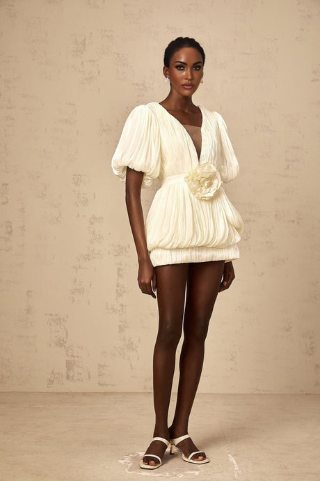 A short beige mini dress with pleated details and delicate floral appliques scattered across the fabric