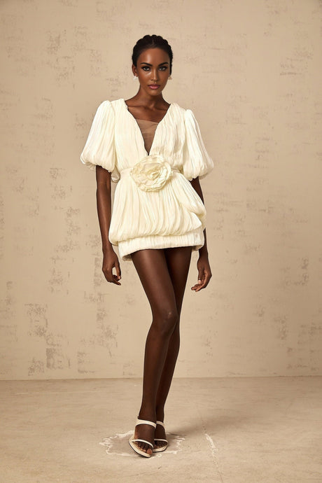 A short beige pleated dress with floral appliques and a mini length
