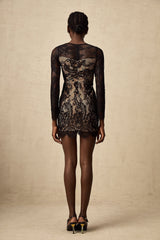 A short black mini dress with delicate floral embroidery on lace fabric showcasing intricate details and feminine design
