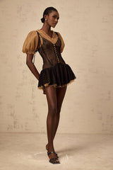 A short black mini dress with lace panels featuring a fitted silhouette and delicate feminine details