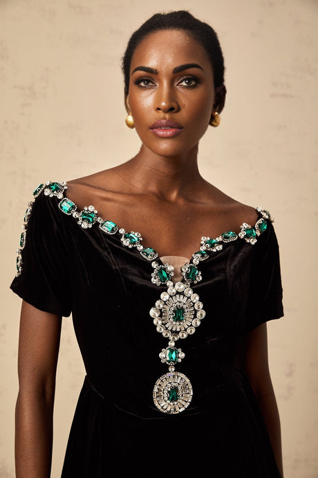 A short black velvet mini dress with embellishments named Camille