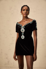 A short black velvet mini dress with embellishments named Camille