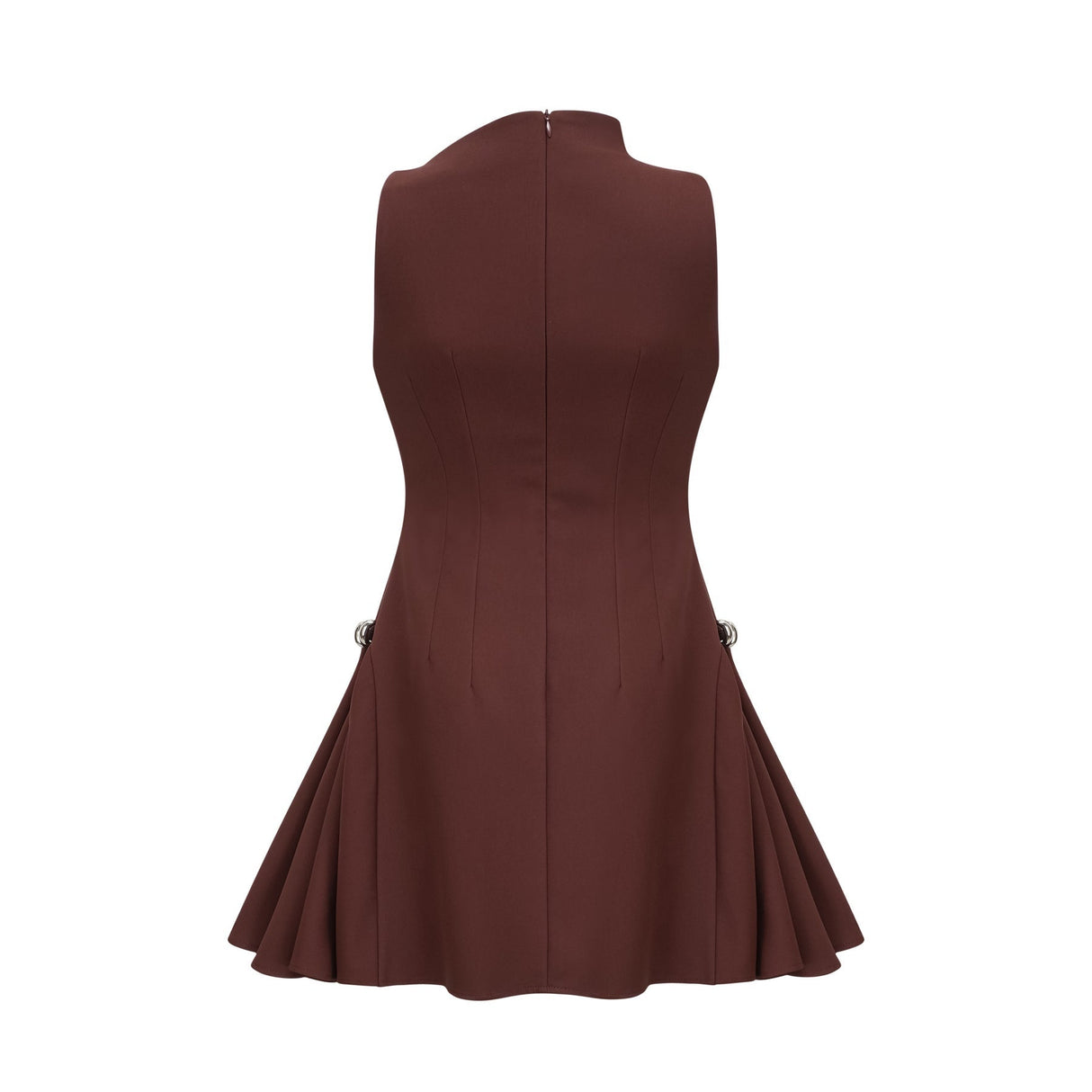 A short brown dress with an asymmetric neckline and puff sleeves in a mini length featuring a fitted silhouette named Dora