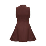 A short brown dress with an asymmetric neckline and puff sleeves in a mini length featuring a fitted silhouette named Dora