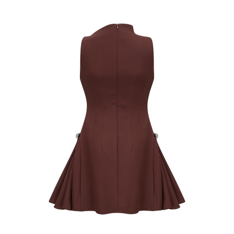 A short brown dress with an asymmetric neckline and puff sleeves in a mini length featuring a fitted silhouette named Dora