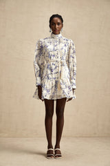 A short flared chiffon mini dress with a colorful floral print pattern called Blandine