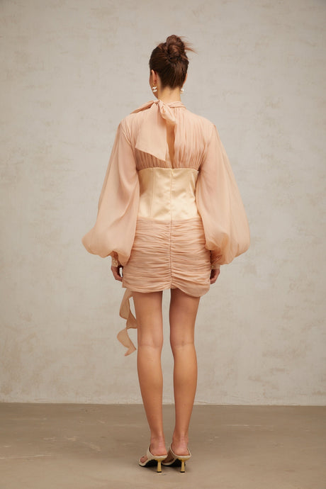 A short floral dress with cinched waist and floral appliques on a paneled design