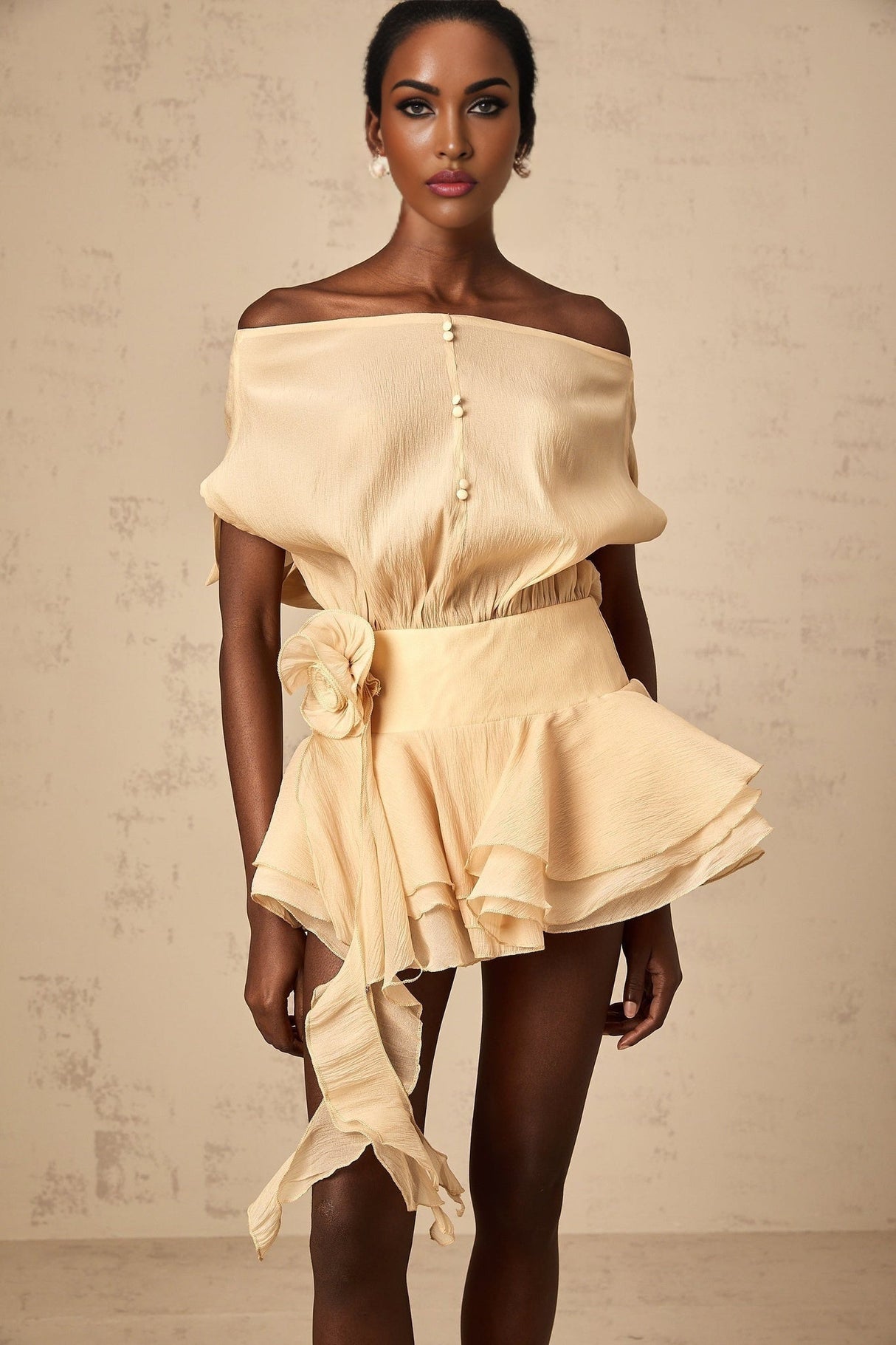 A short floral dress with ruffled hem and floral applique details in a feminine style reminiscent of the movie Amelie