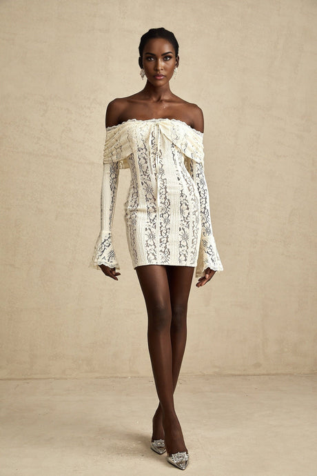 A short floral lace mini dress in neutral tones with flared cuffs named Émeline