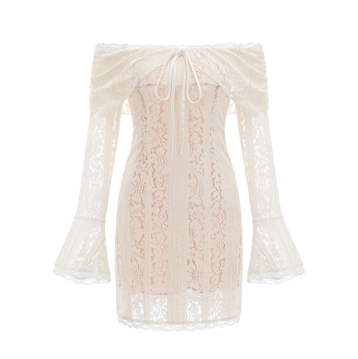 A short floral lace mini dress in neutral tones with flared cuffs named Emeline
