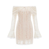 A short floral lace mini dress in neutral tones with flared cuffs named Emeline