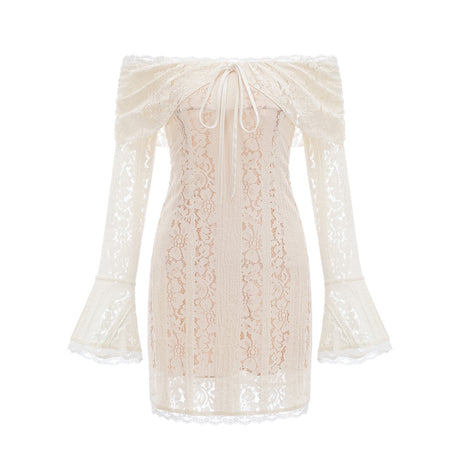 A short floral lace mini dress in neutral tones with flared cuffs named Emeline
