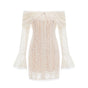 A short floral lace mini dress in neutral tones with flared cuffs named Emeline