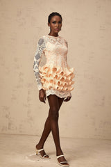 A short floral lace mini dress with tiered skirt and lace paneling named Irene featuring a delicate feminine design