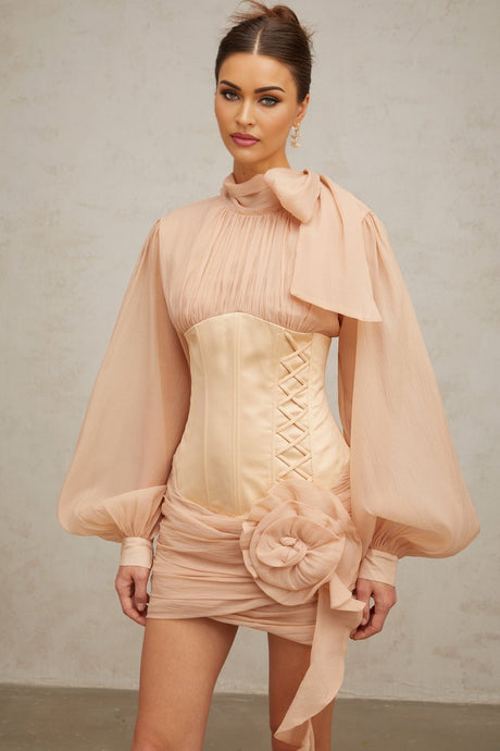 A short floral mini dress with cinched waist and applique details featuring paneled construction in a feminine silhouette