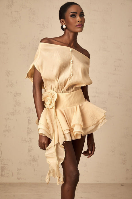A short floral mini dress with ruffled layers and floral applique details named Amelie