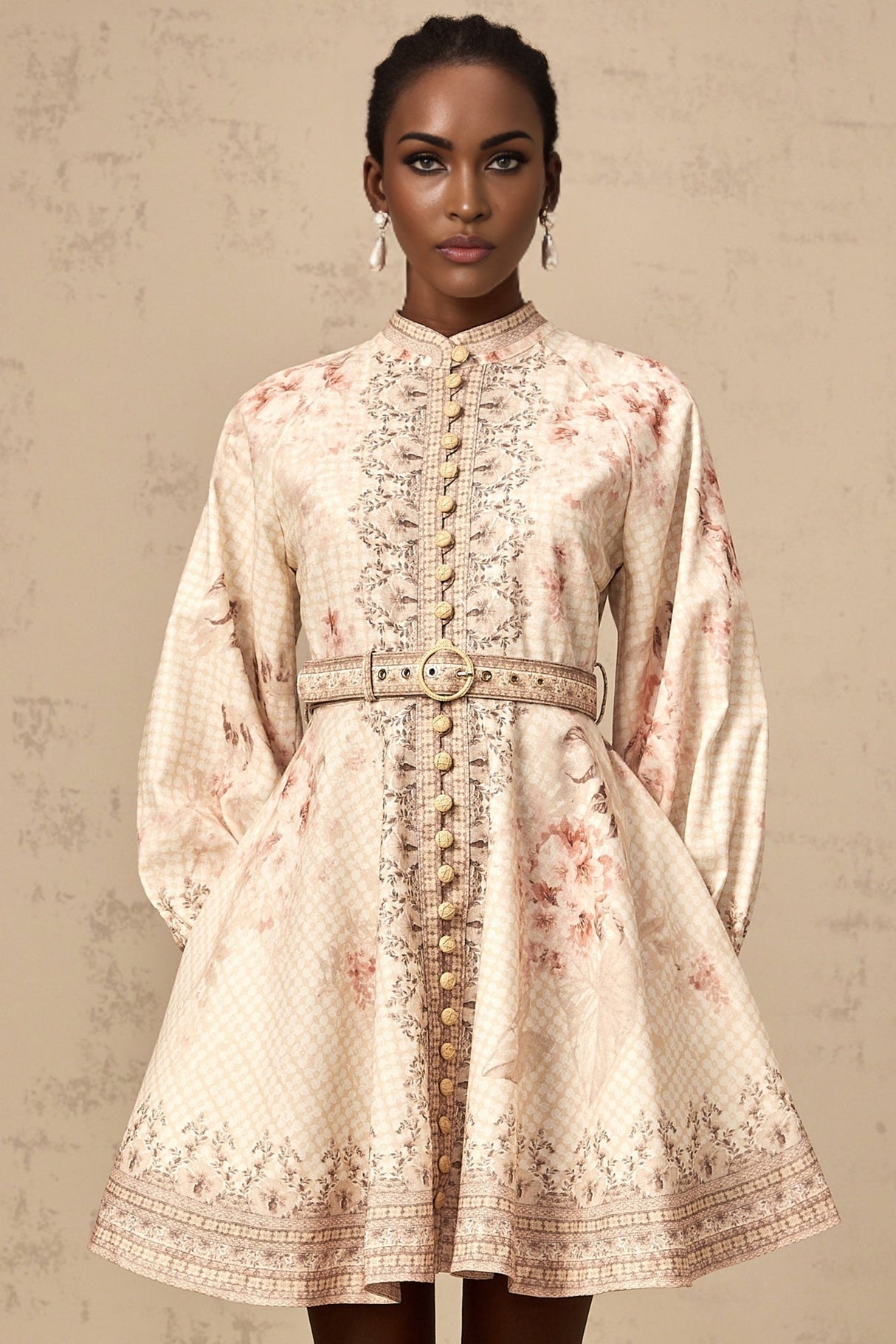 A short floral print mini dress with a belt at the waist featuring a colorful pattern on a light background