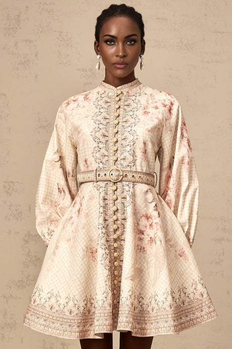 A short floral print mini dress with a belt at the waist featuring a colorful pattern on a light background