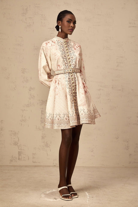 A short floral print mini dress with a belted waist featuring the Quincia design