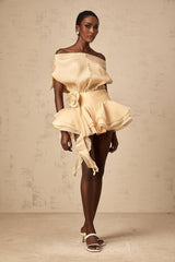 A short flounced mini dress with floral appliques featuring a delicate and feminine design