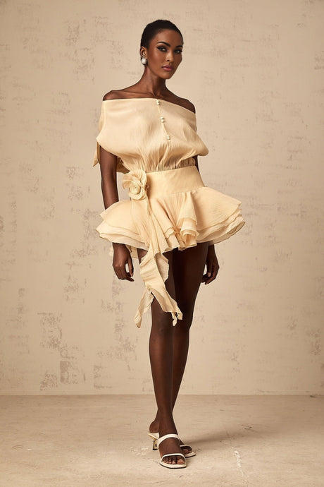 A short flounced mini dress with floral appliques featuring a delicate and feminine design