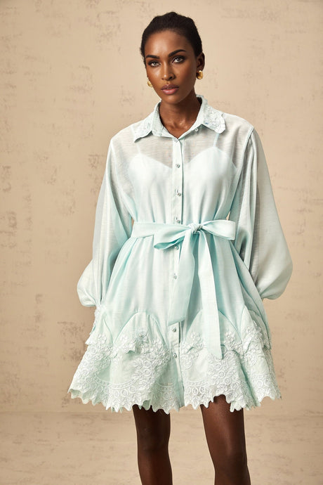 A short green dress with lace panels and a shirt collar style featuring a mini length and likely short sleeves