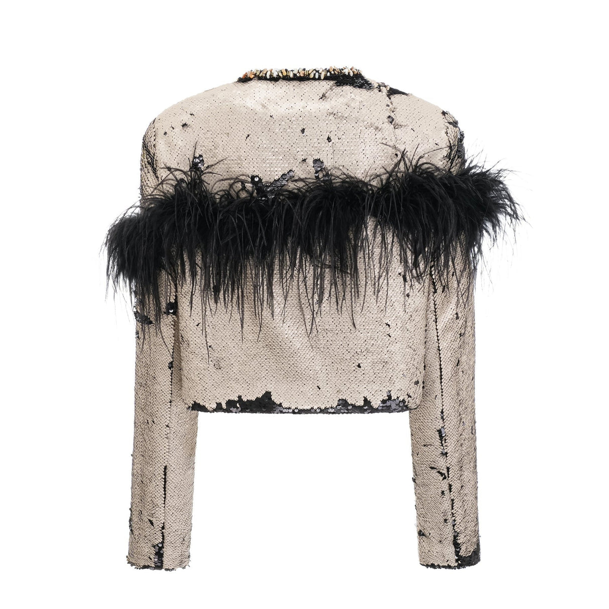 A short jacket with sequin embellishment and feather details likely in a glamorous or festive style