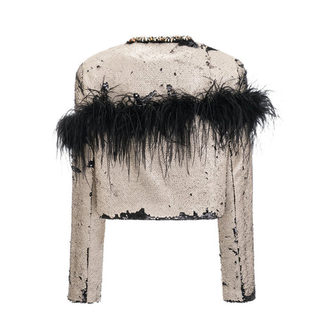 A short jacket with sequin embellishment and feather details likely in a glamorous or festive style