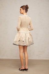 A short jacquard mini dress with floral appliqués and contrasting colors named Wilhelmine