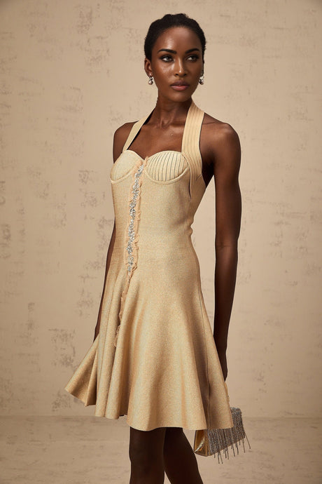 A short khaki colored knitted mini dress with embellishments named Gabrielle